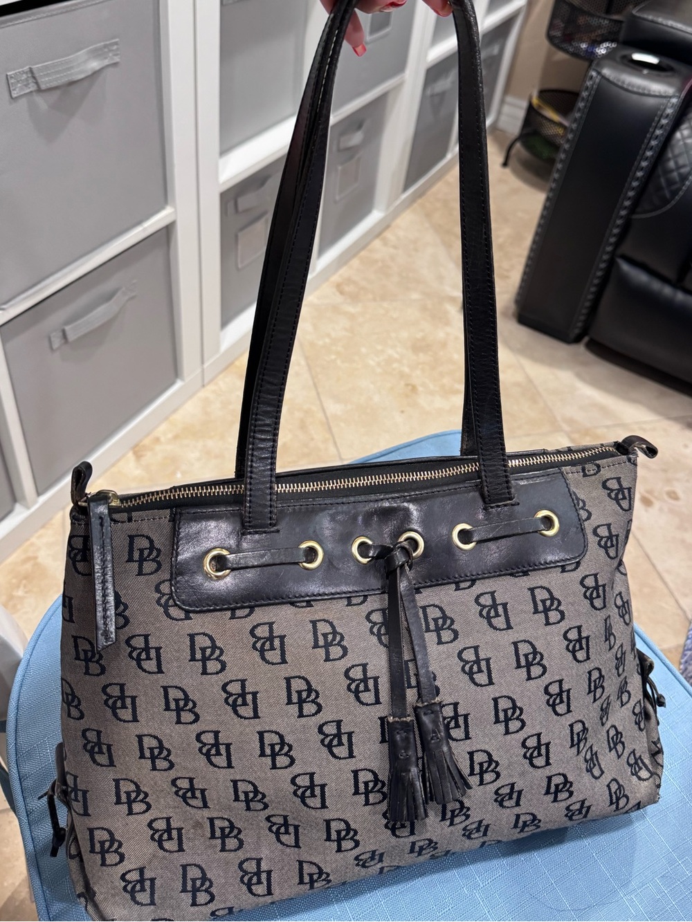 Dooney & Bourke Gray and Black Logo Shoulder Tote
